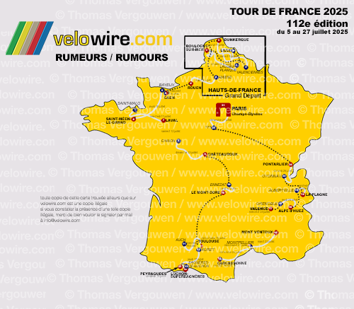 De kaart met de oorspronkelijke optie in het parcours van de Tour de France 2025 op basis van geruchten