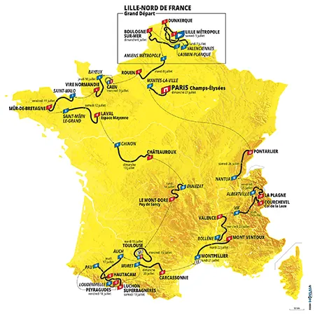 De kaart met het parcours van de Tour de France 2025