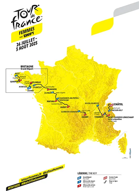 La carte du parcours du Tour de France Femmes avec Zwift 2025