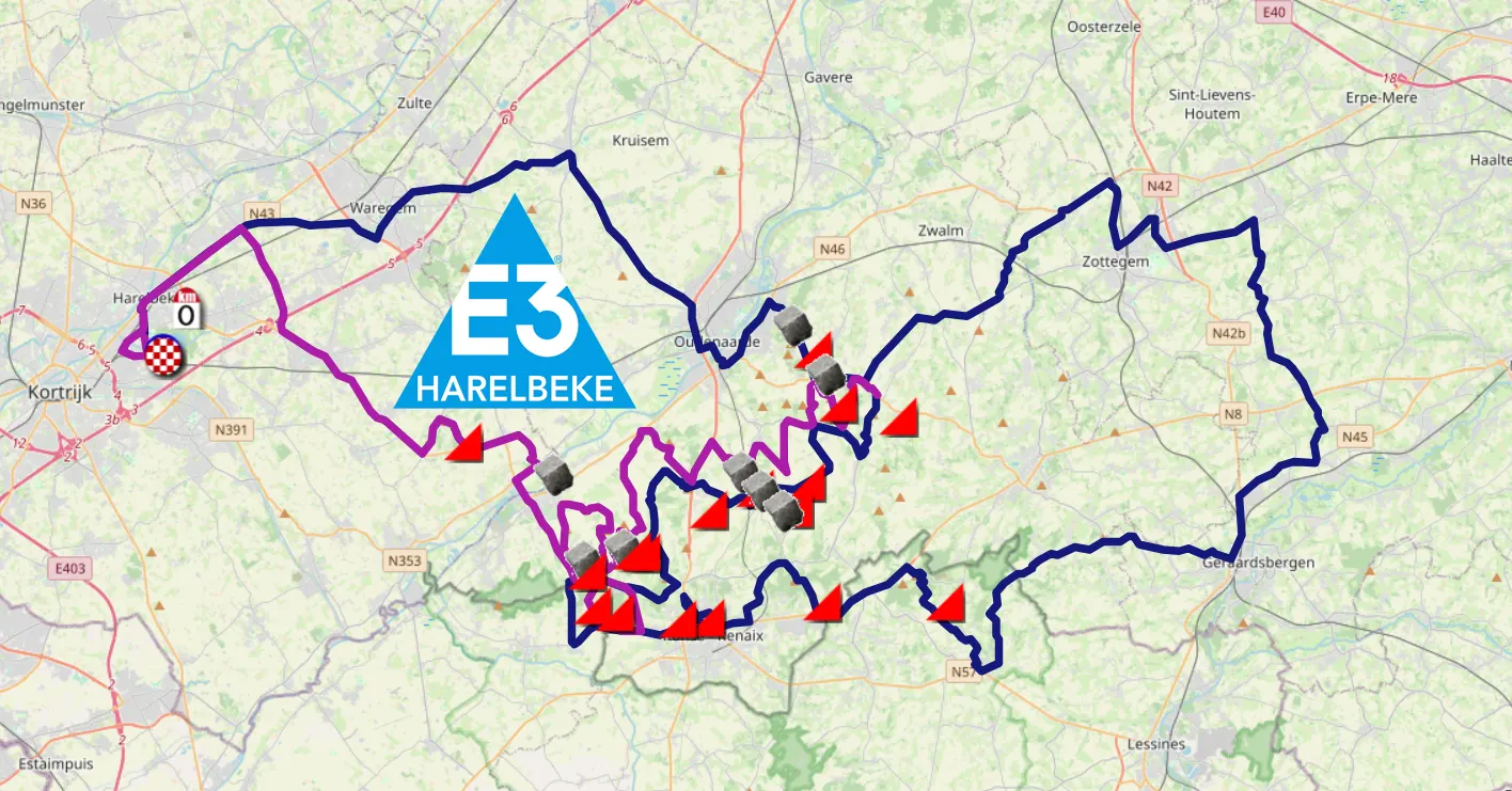 Le parcours de la E3 Saxo Classic 2024 sur Open Street Maps et dans