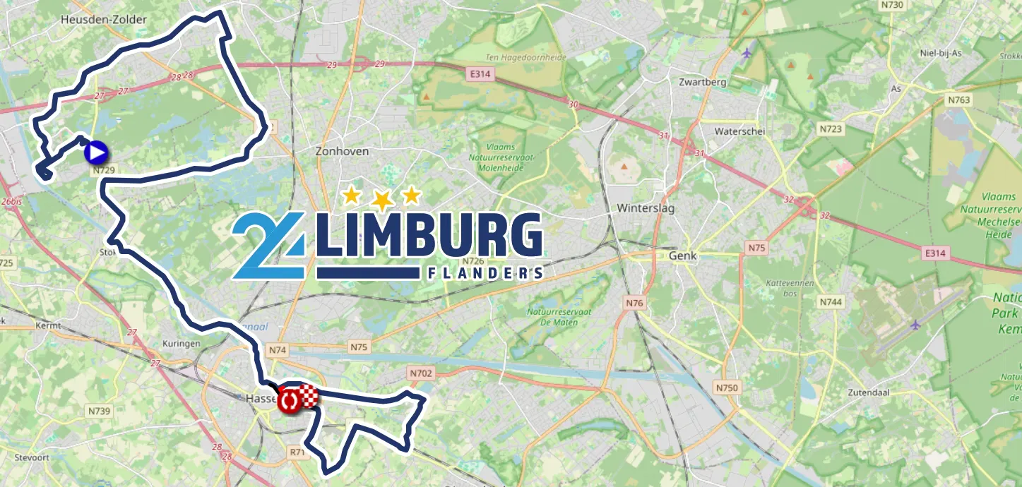 Le parcours du contre-la-montre relais mixte des Championnats d'Europe de cyclisme sur route 2024 au Limbourg (Belgique) sur une carte Open Street Map et la liste des partants