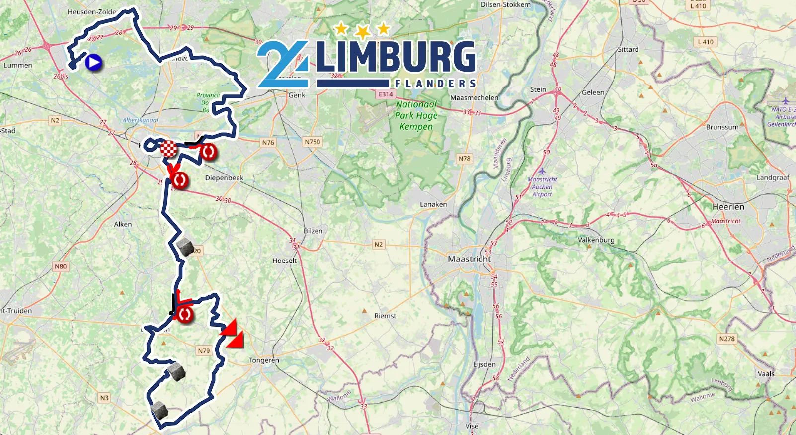 Le parcours de la course en ligne des Championnats d'Europe de cyclisme sur route 2024 au Limbourg (Belgique) sur une carte Open Street Map et les listes des partants (femmes/hommes)