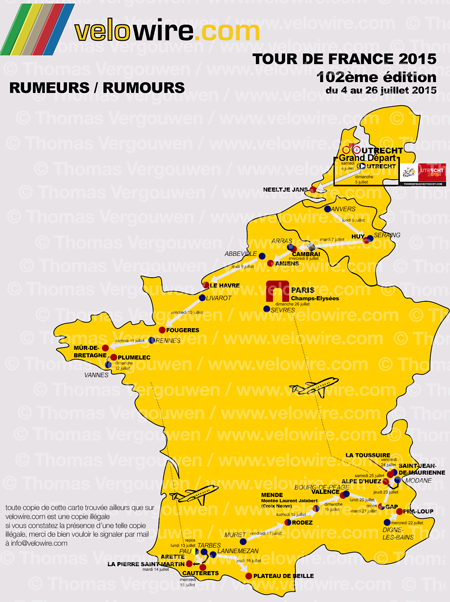 La carte détaillée du parcours du Tour de France 2015 sur la base des rumeurs La carte détaillée du parcours du Tour de France 2015 sur la base des rumeurs