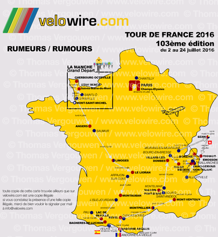 De gedetailleerde kaart met het parcours van de Tour de France 2016 op basis van de geruchten De gedetailleerde kaart met het parcours van de Tour de France 2016 op basis van de geruchten