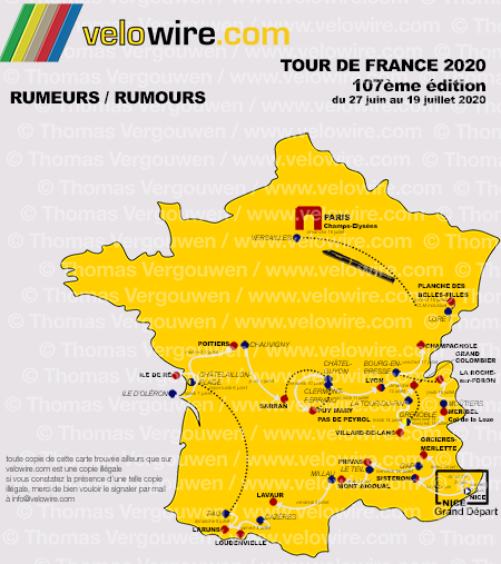 La carte détaillée du parcours du Tour de France 2020 sur la base des rumeurs La carte détaillée du parcours du Tour de France 2020 sur la base des rumeurs
