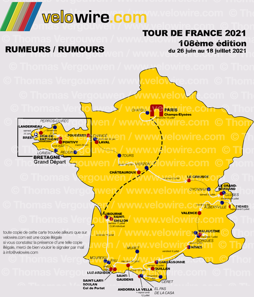 La carte détaillée du parcours du Tour de France 2021 sur la base des rumeurs La carte détaillée du parcours du Tour de France 2021 sur la base des rumeurs