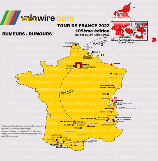 La carte détaillée du parcours du Tour de France 2022 sur la base des rumeurs La carte détaillée du parcours du Tour de France 2022 sur la base des rumeurs