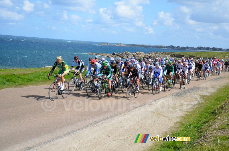 Het peloton rijdt langs de kust