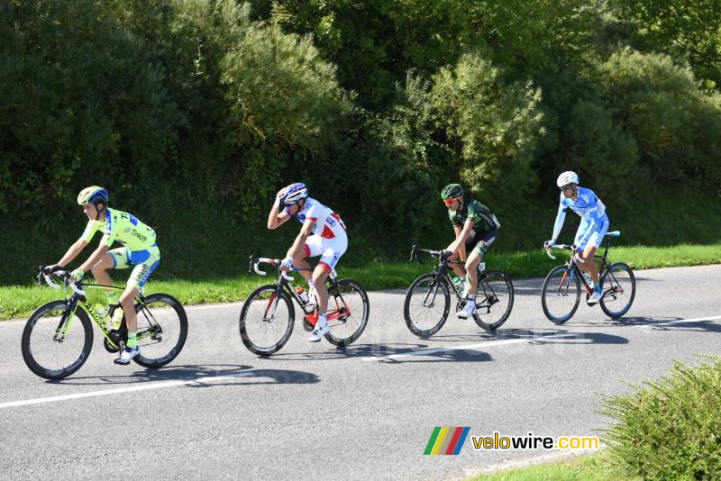 De kopgroep: Antwan Tolhoek (Tinkoff-Saxo), Mickael Delage (FDJ), Perrig Quémeneur (Europcar) & Ignatas Konovalovas (Marseille 13-KTM) 