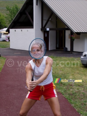 Ellen playing badminton (701x)