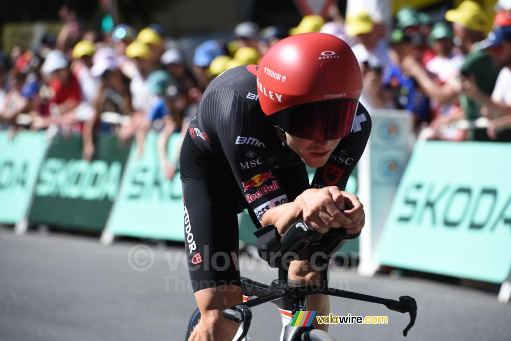 Marc Hirschi (Tudor Pro Cycling) tijdens de tijdrit Caen > Caen