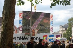 Les coureurs sur le grand écran à l'arrivée à Gand (783x)