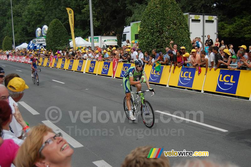 Frederik Willems (Liquigas) & Daniele Righi (Lampre) bij aankomst in Montluçon