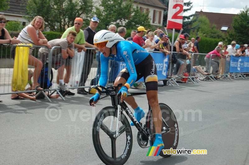 Thomas Lövkvist (Columbia) bij aankomst in Saint-Amand-Montrond