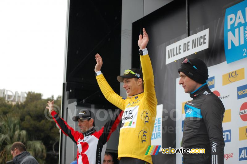 Het podium van Parijs-Nice 2011: Andreas Klöden, Tony Martin & Bradley Wiggins